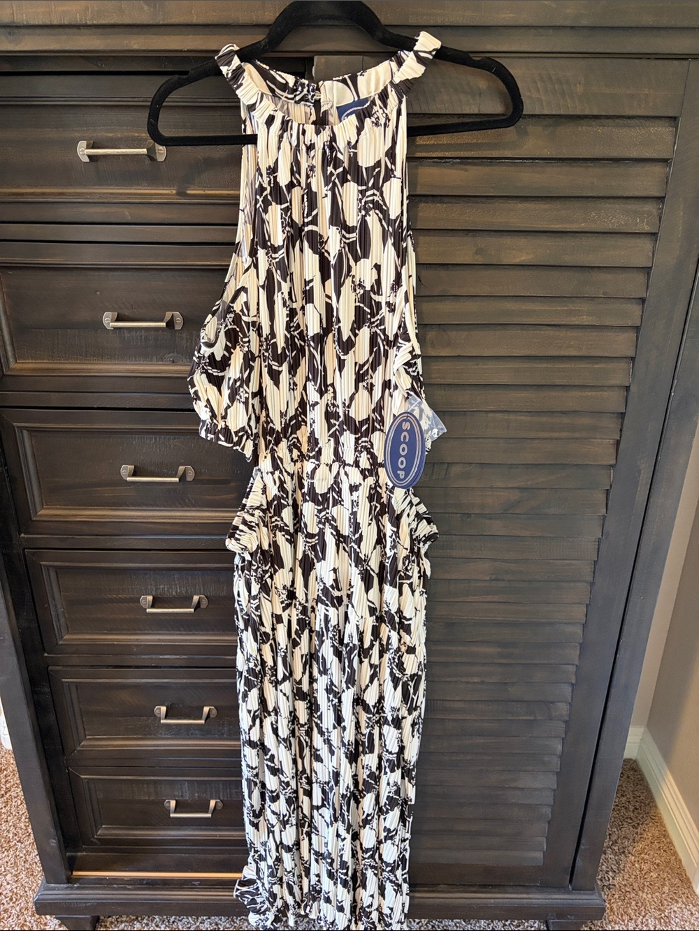 Scoop Black and White Pleated Halter Midi Dress